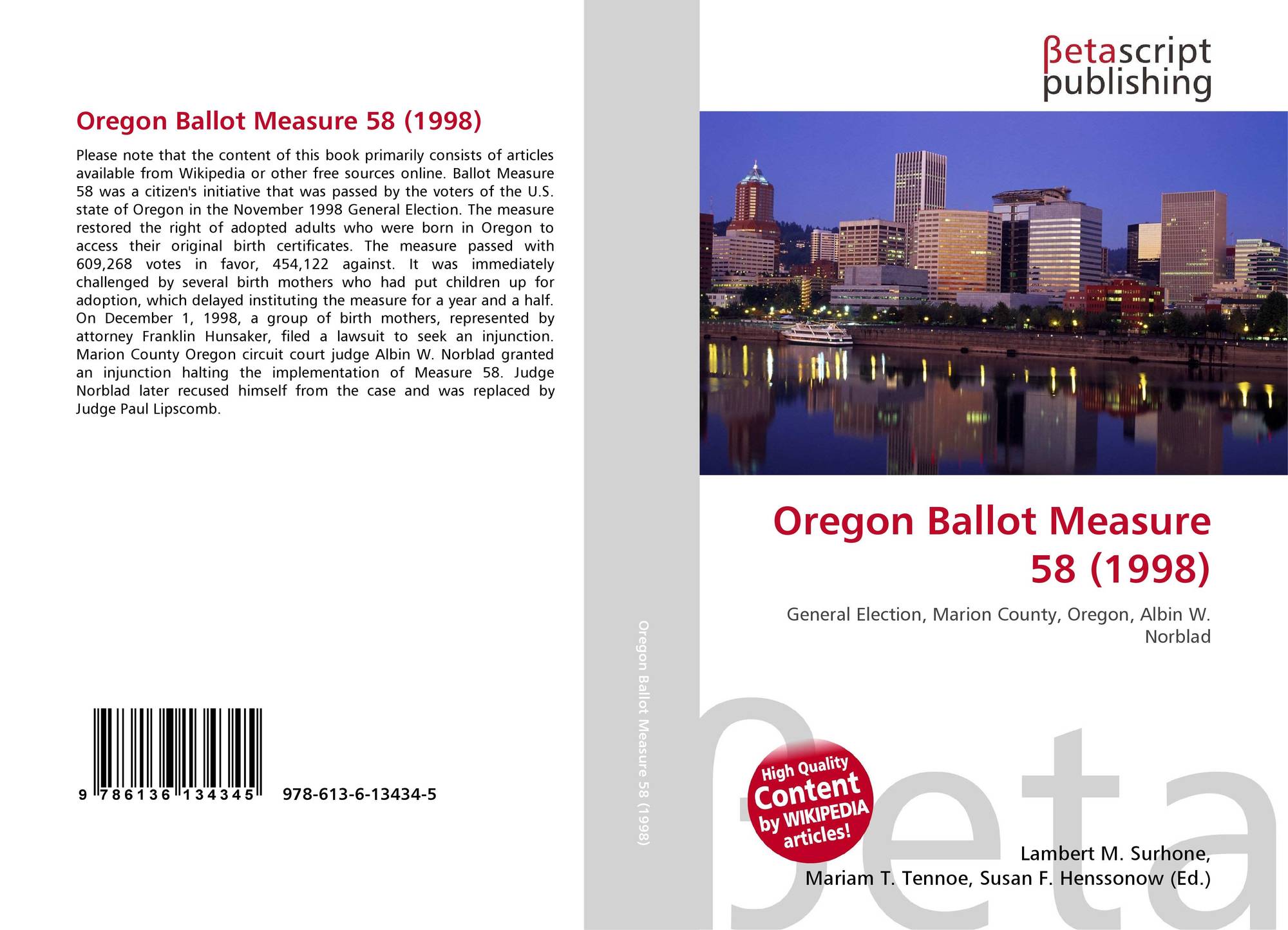 Oregon Ballot Measure 58 (1998), 9786136134345, 6136134349