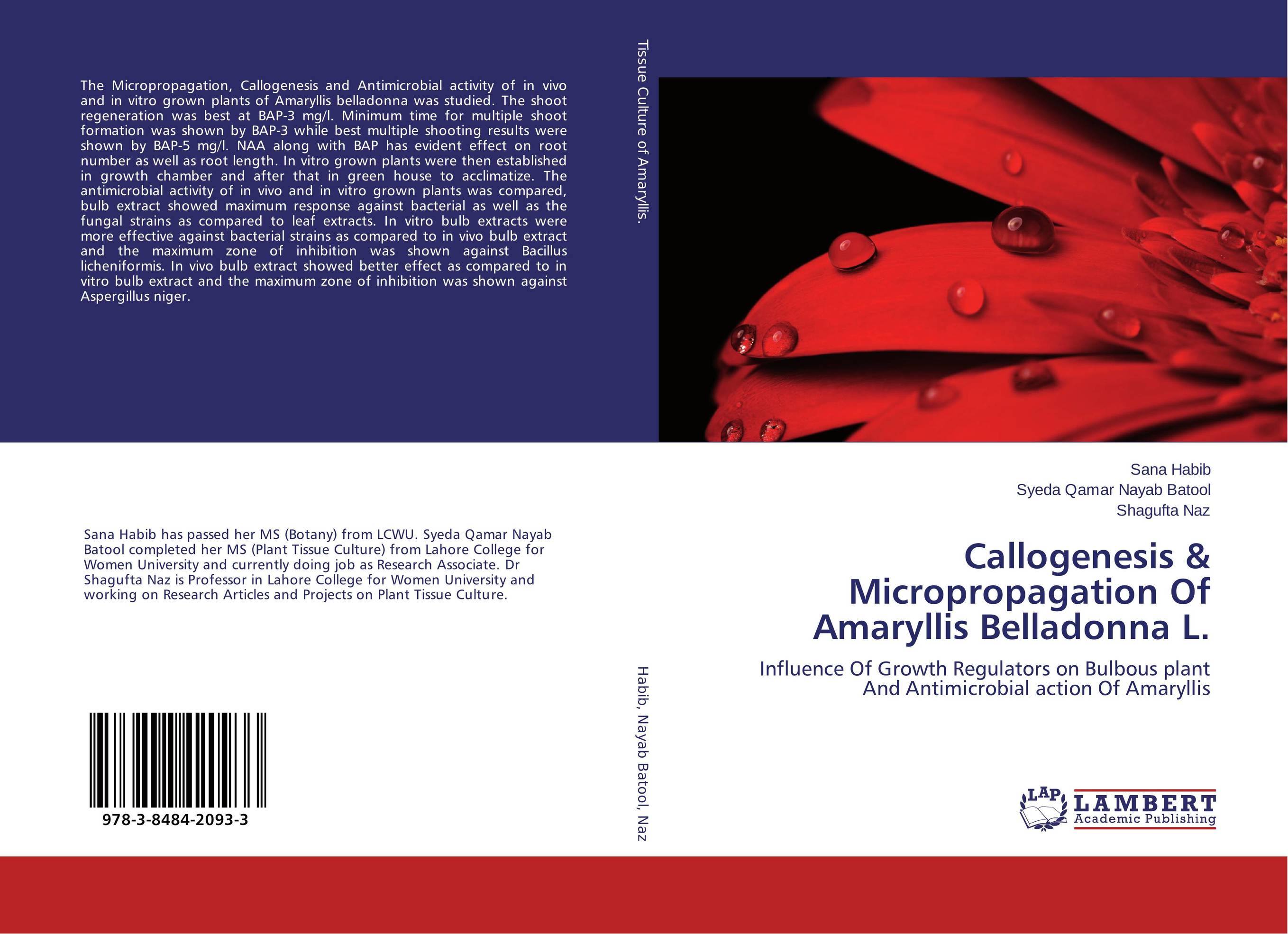 Callogenesis &amp;amp; Micropropagation Of Amaryllis Belladonna L.. Influence Of Growth Regulators on Bulbous plant And Antimicrobial action Of Amaryllis.